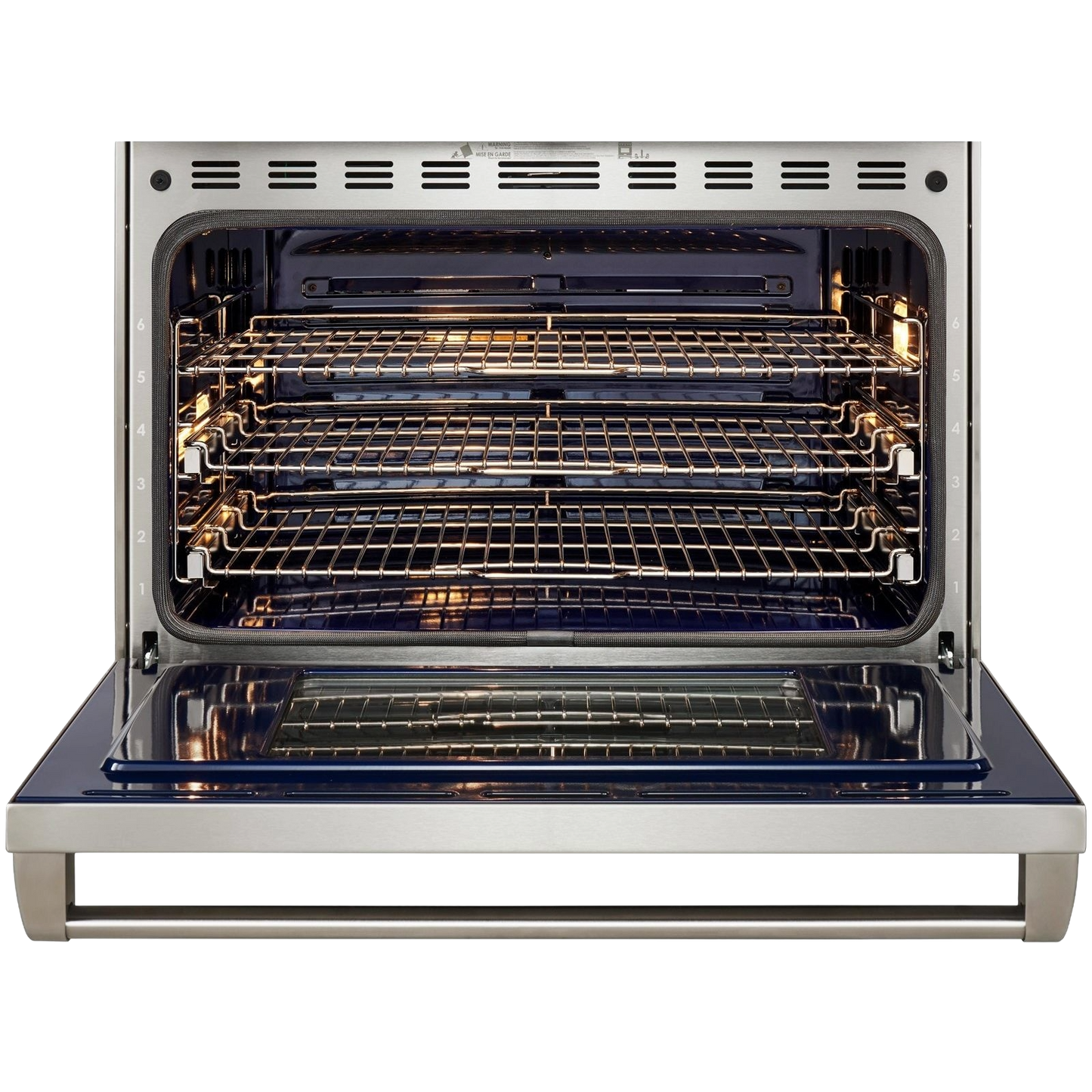 Open stainless steel oven showcasing multiple adjustable racks with interior lights on from Ranges collection