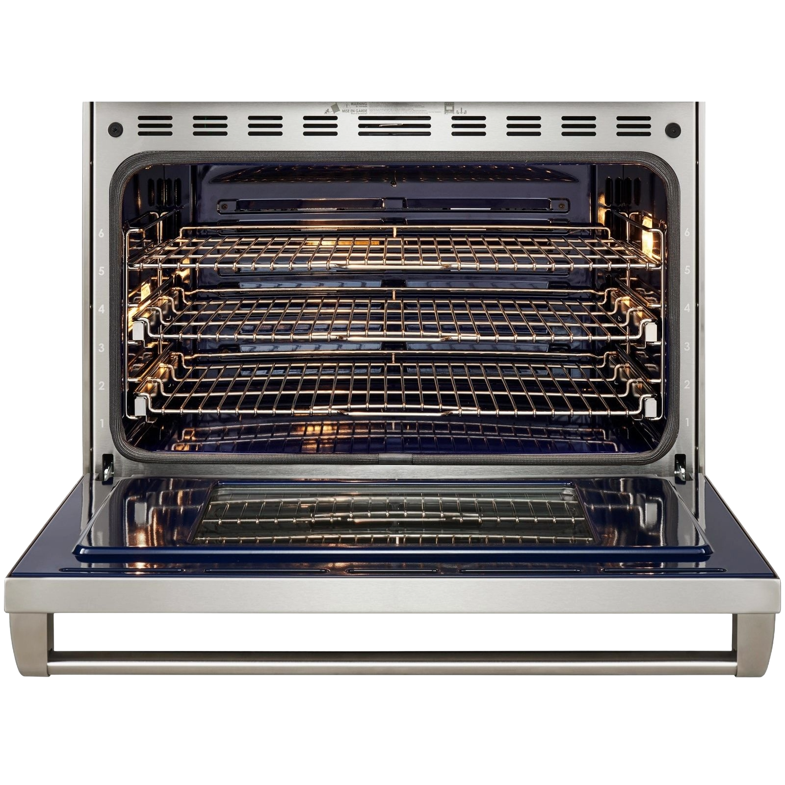 Open stainless steel oven showcasing multiple adjustable racks with interior lights on from Ranges collection
