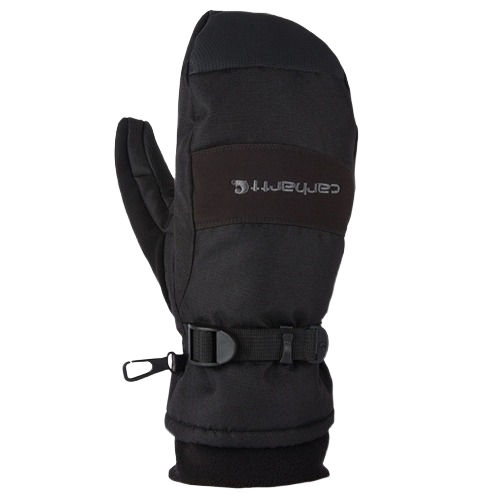 Black waterproof winter mitten with adjustable wrist strap and fleece cuff for cold weather protection and comfort