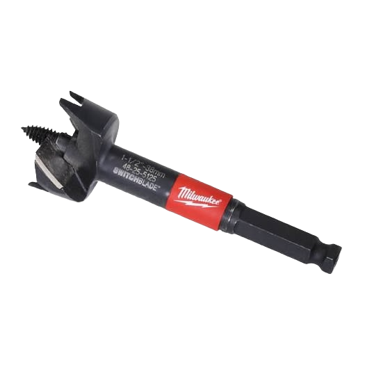 Black and red Milwaukee selfeed drill bit for woodworking, part of Milwaukee Saws and Woodworking Tools collections.