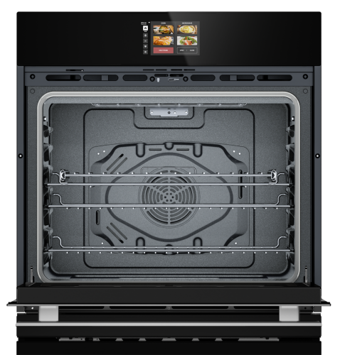 Open black smart wall oven with true convection, three racks, and touchscreen control panel for kitchen appliances collection