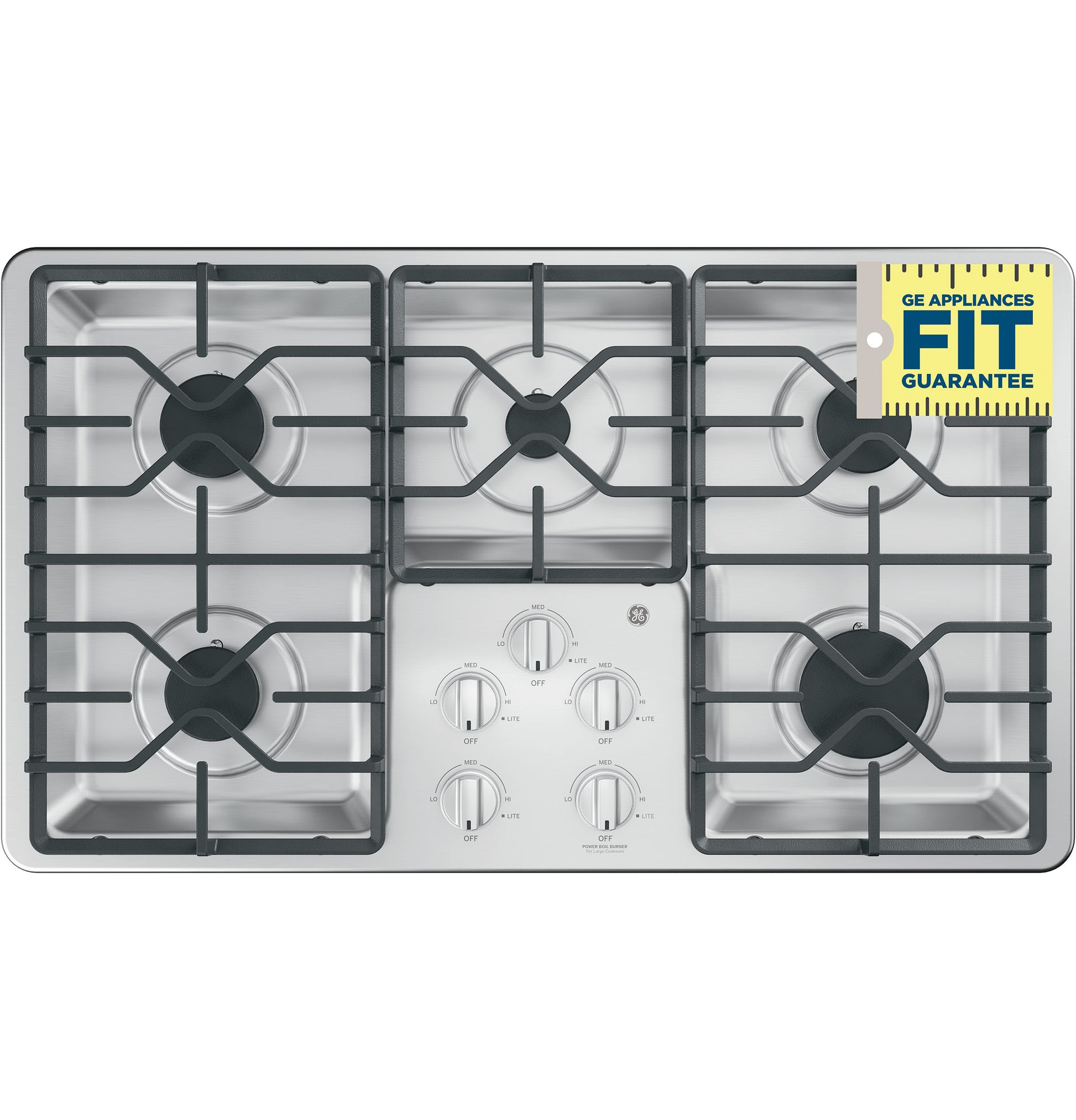Stainless steel 36-inch built-in gas cooktop with five burners and dishwasher-safe grates for kitchen and appliance use