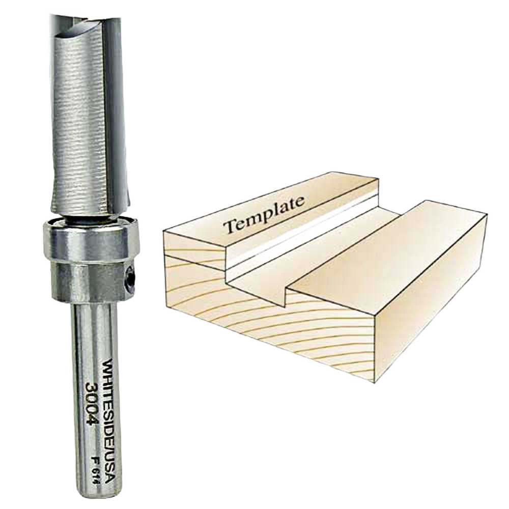 Straight template router bit with bearing guide, shown with wood piece and routed groove for tool accessories and woodworking collections