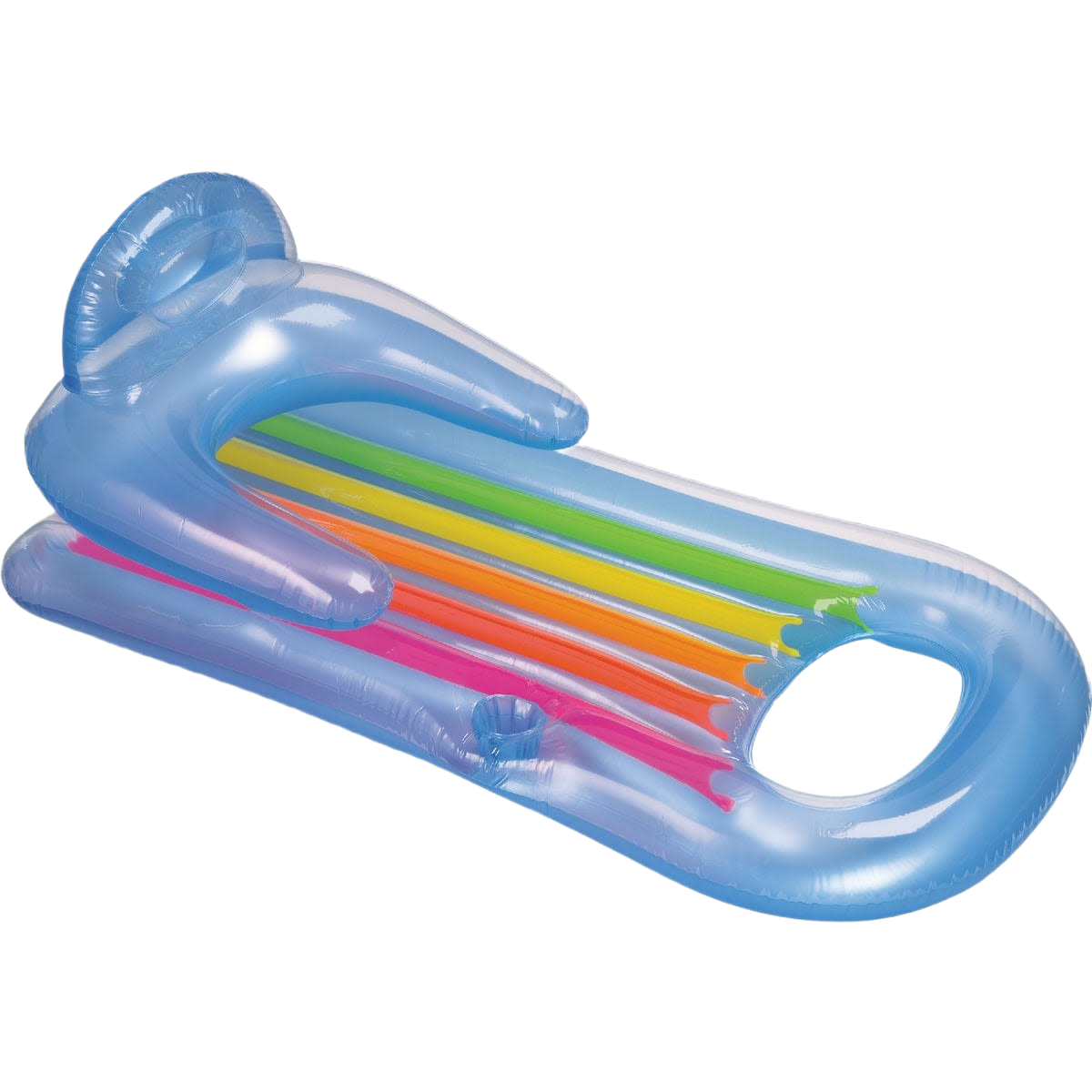 Transparent blue inflatable pool float with colorful built-in stripes and armrests for outdoor leisure use