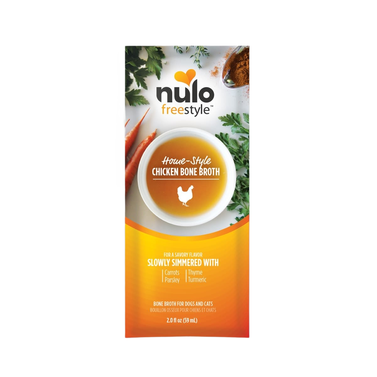 2 oz. carton of Nulo Freestyle home-style chicken bone broth for pets, featuring carrot, parsley, thyme, and turmeric ingredients