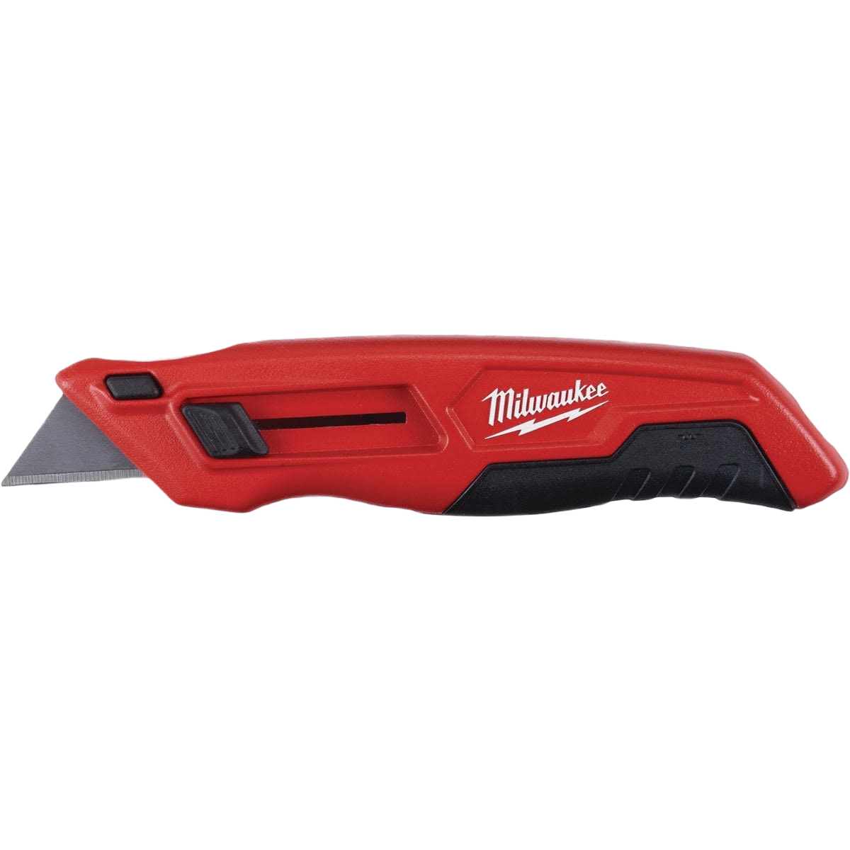Red Milwaukee utility knife with side slide blade activation and ergonomic rubber grip for cutting and woodworking tasks