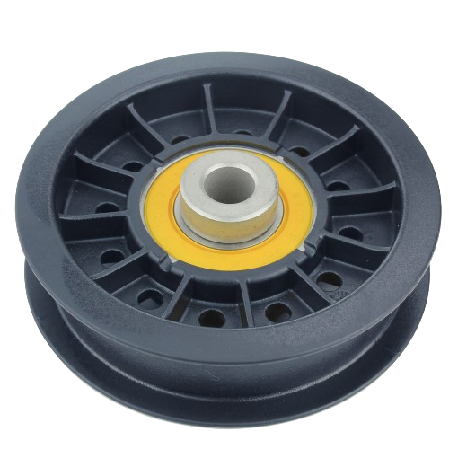 Black flat idler sheave with yellow bearing insert for agricultural and home improvement equipment maintenance.
