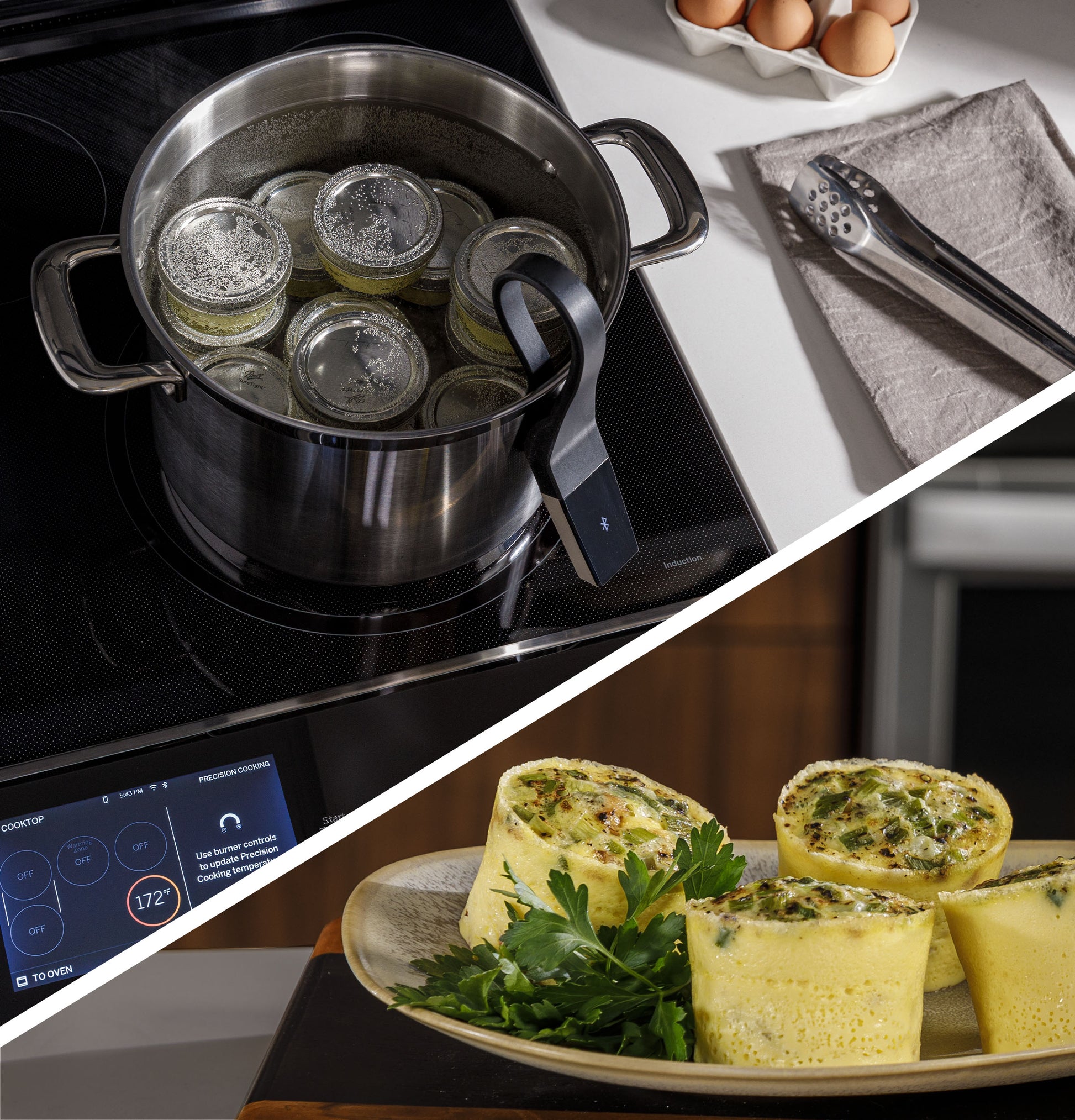 Stainless steel pot on induction cooktop with jars heating and plated savory egg bites garnished with herbs nearby