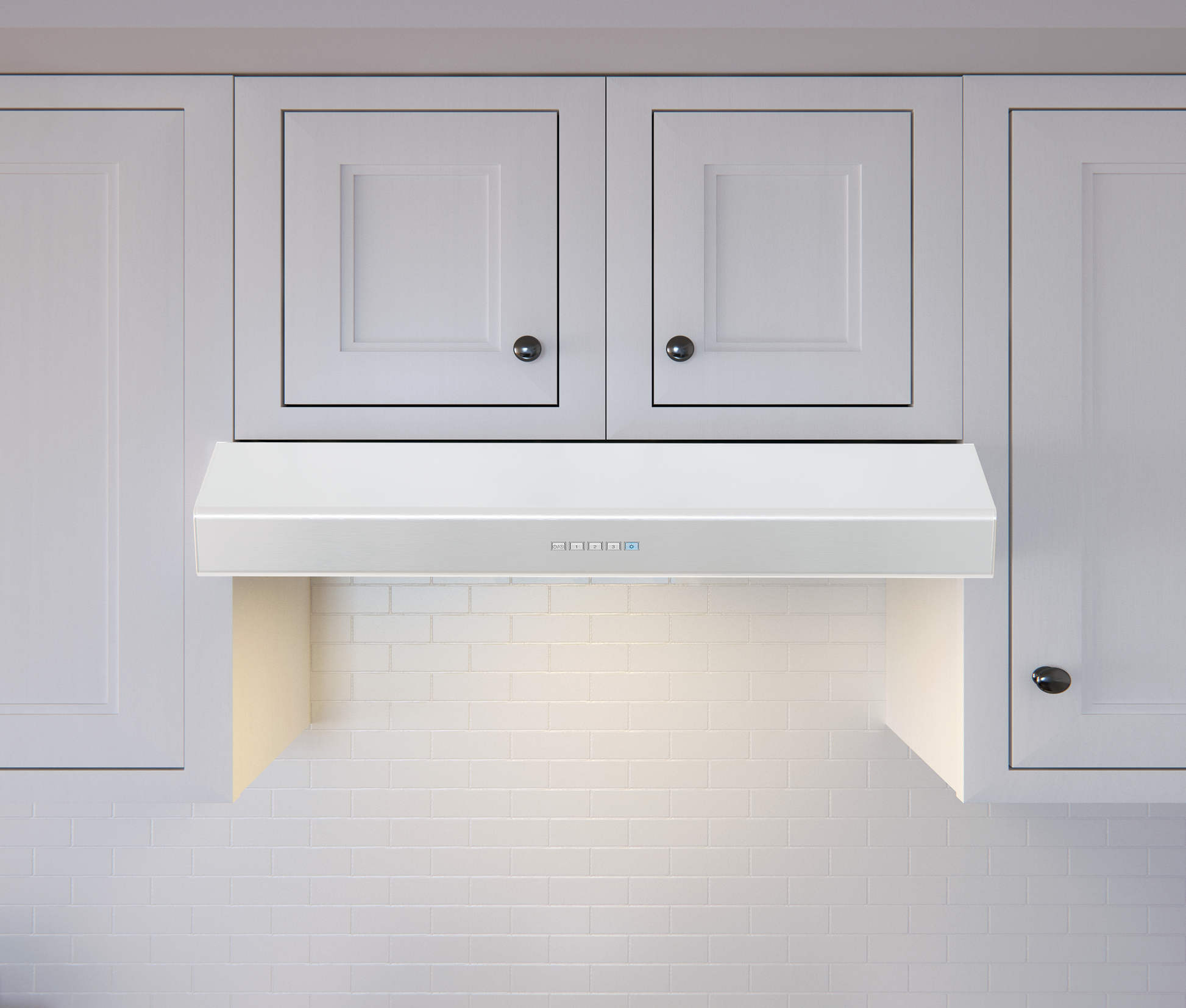 Under cabinet white range hood with LED lighting and electronic controls, installed between white kitchen cabinets, part of Kitchen & Kitchenware and Appliances collections.