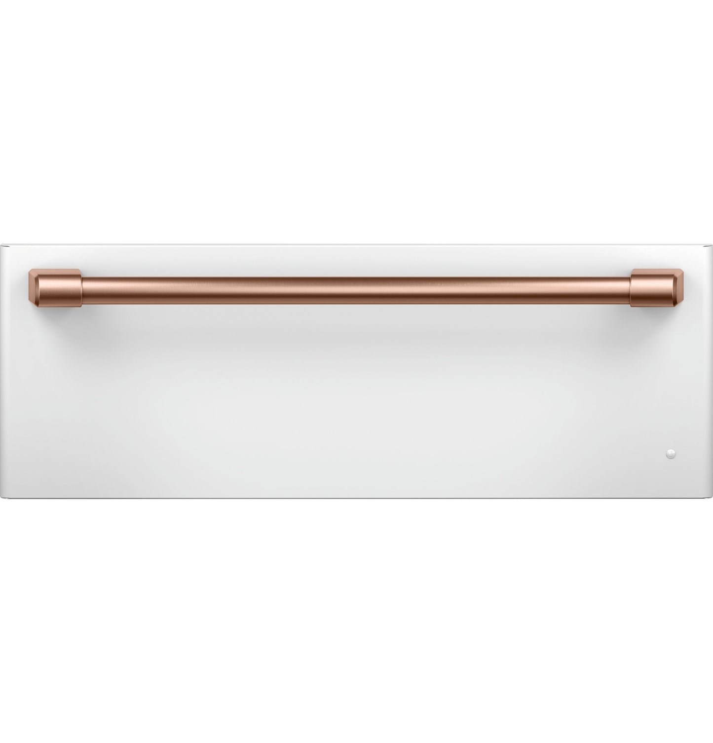 White warming drawer front with a long brushed copper handle from modern kitchen and wall oven appliances collection