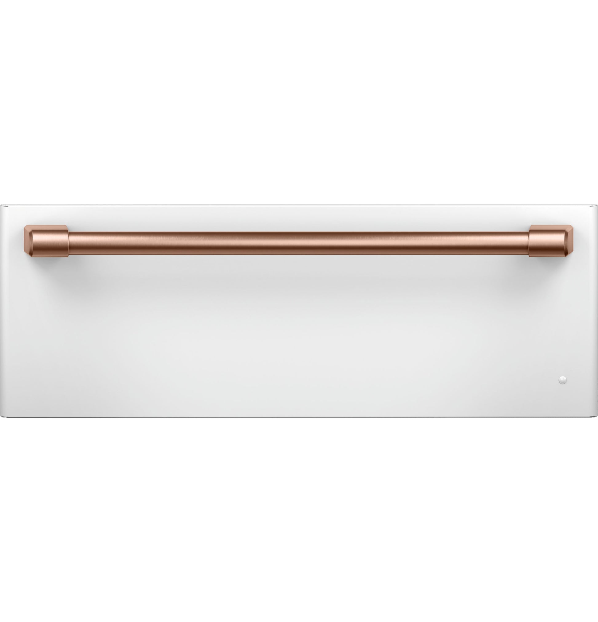 White warming drawer front with a long brushed copper handle from modern kitchen and wall oven appliances collection