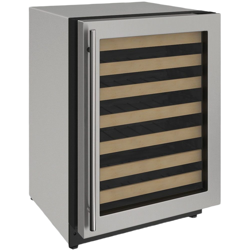 Stainless steel wine cooler with glass door and wooden shelves for kitchen and appliances collection