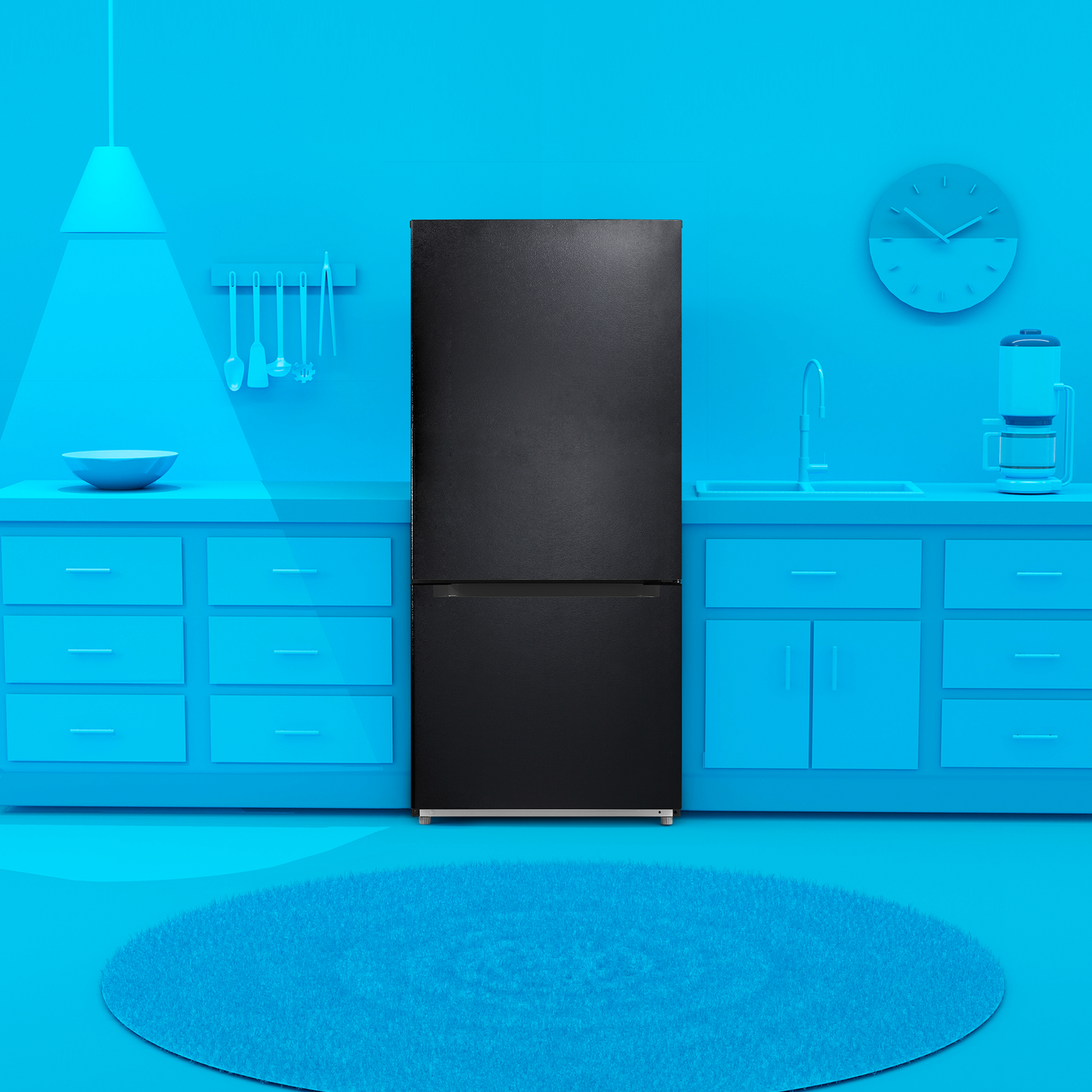 Black bottom freezer refrigerator standing in modern blue kitchen setting from appliances and kitchenware collection