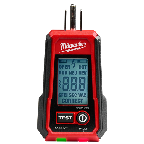 Compact red and black digital GFCI receptacle tester with LCD screen for tools and home improvement tasks
