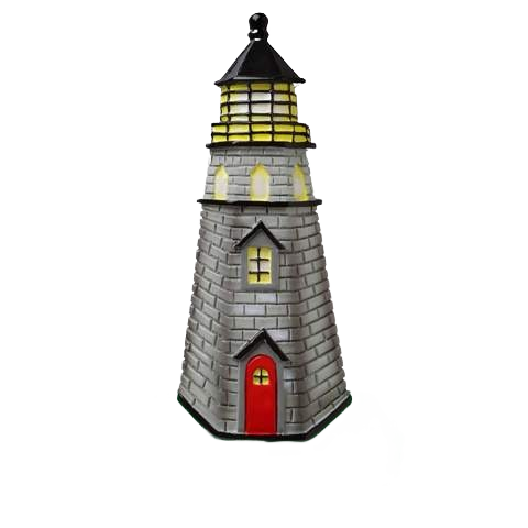 Gray brick lighthouse ornament with glowing windows and red door in Christmas Ornaments & Tree Decorations collection