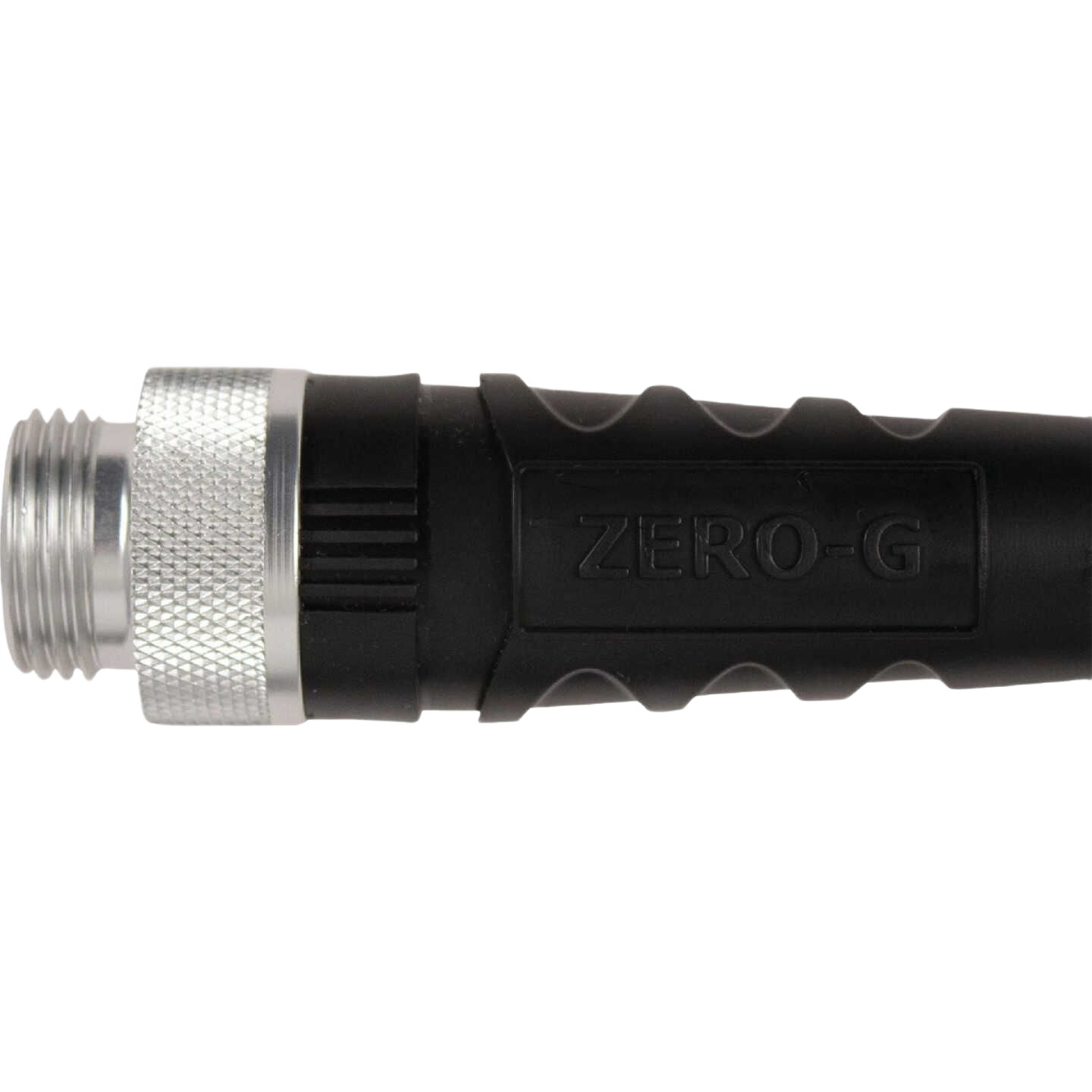 Close-up of black Zero-G garden hose with metal fitting for watering and irrigation in lawn and garden use under $100 category