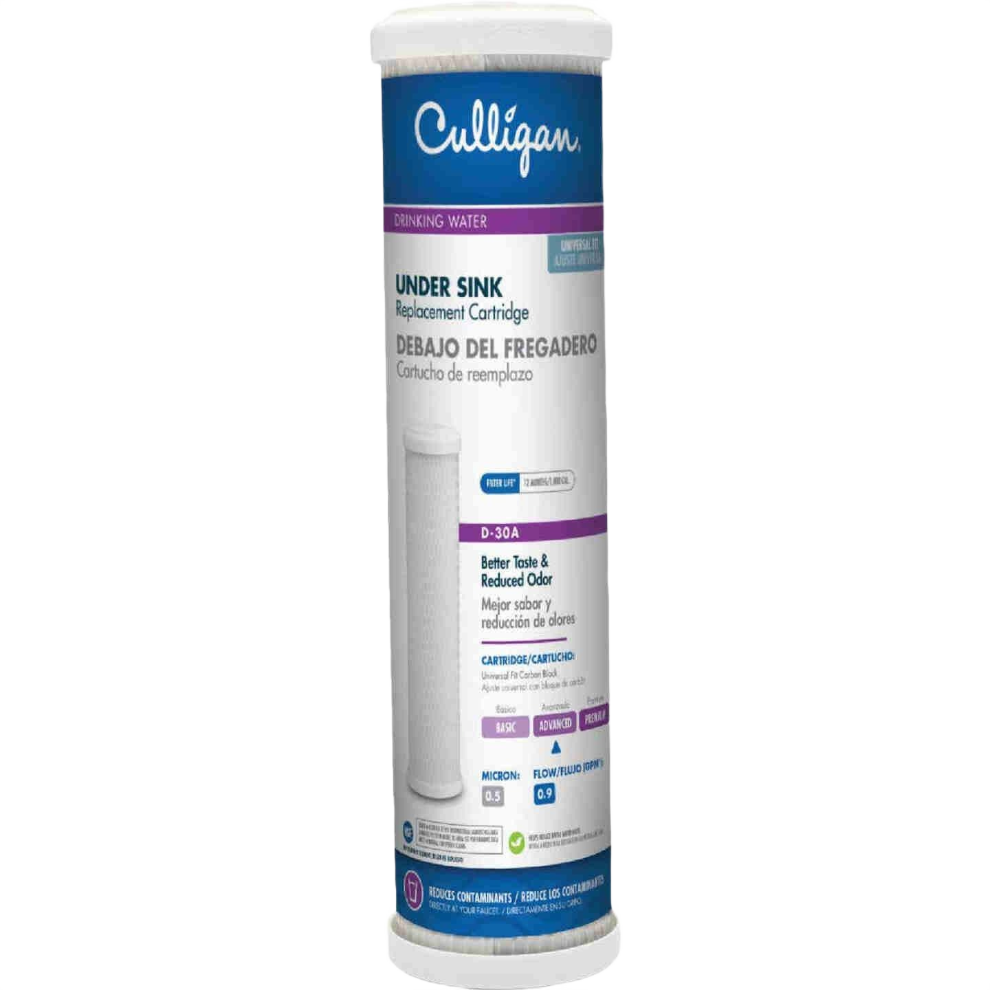 White cylindrical under sink water filter cartridge with labeled instructions for home water filtration systems and odor reduction