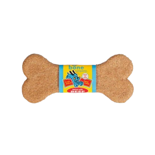 Large bone-shaped dog biscuit with beef flavor and colorful label for pet treats and supplies under $50 collection