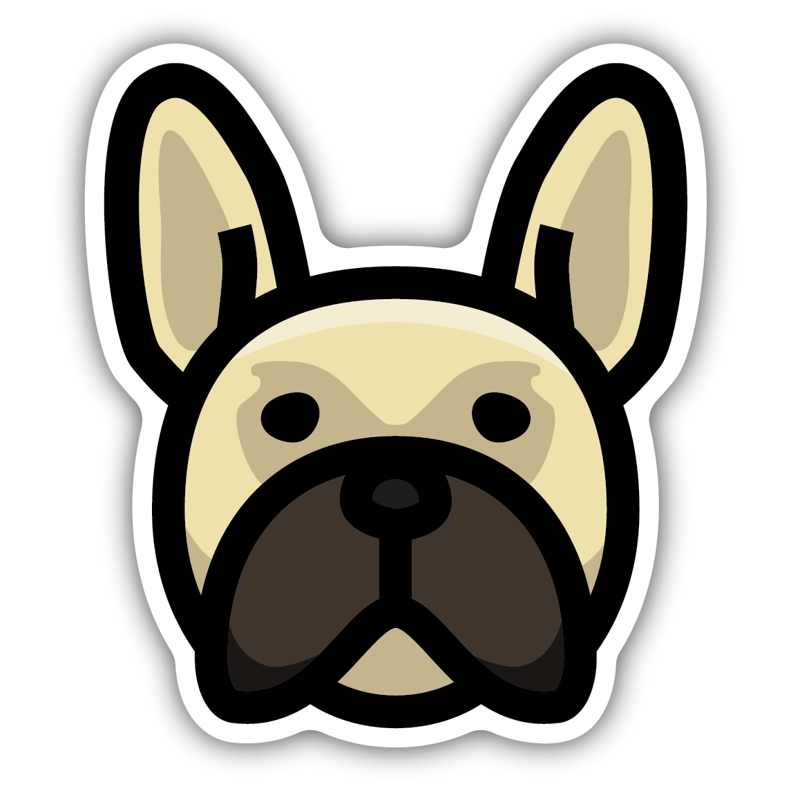Illustrated beige and dark brown French Bulldog face with bold black outline in sticker style design