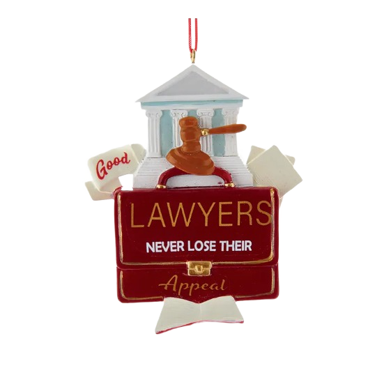Personalized holiday ornament featuring courthouse, gavel, briefcase, and lawyer-themed appeal message for Christmas decor