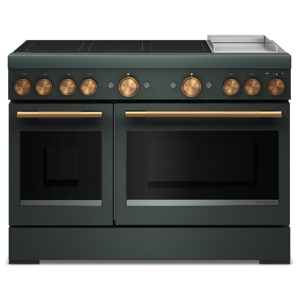 Front view of dark green freestanding induction range with six brass control knobs and griddle in kitchen appliances collection