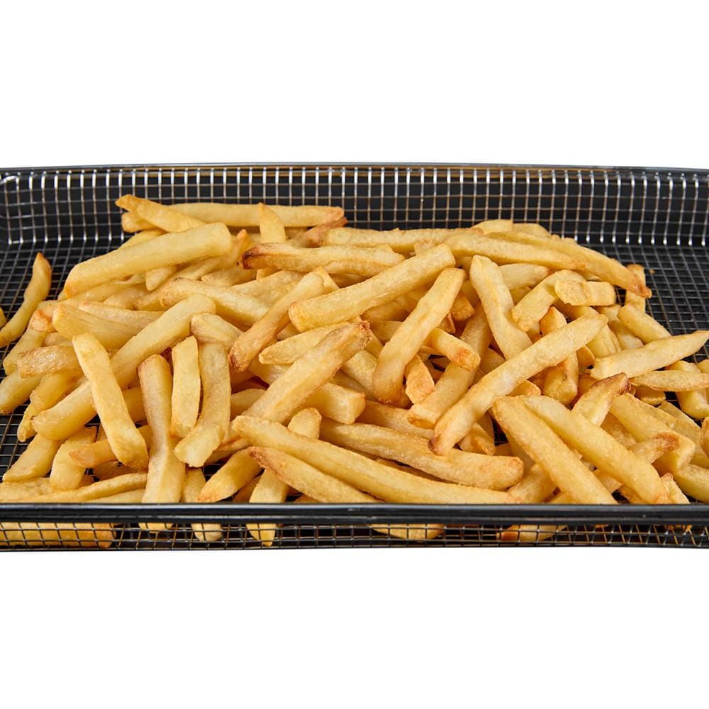 Golden crispy French fries cooking on a black air fry basket tray for smart kitchen appliances and home improvement.