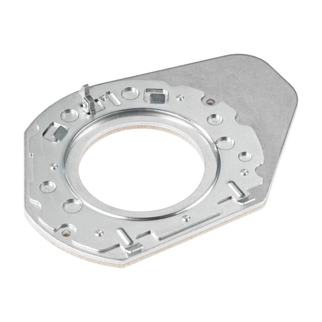 Heavy-duty metal router base plate table widener with integrated dust hood for woodworking tool accessories and power tools.