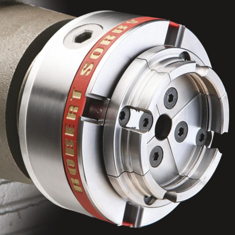 Precision-machined metal chuck jaws with red Robert Sorby branding for woodworking tool accessories and home improvement tasks