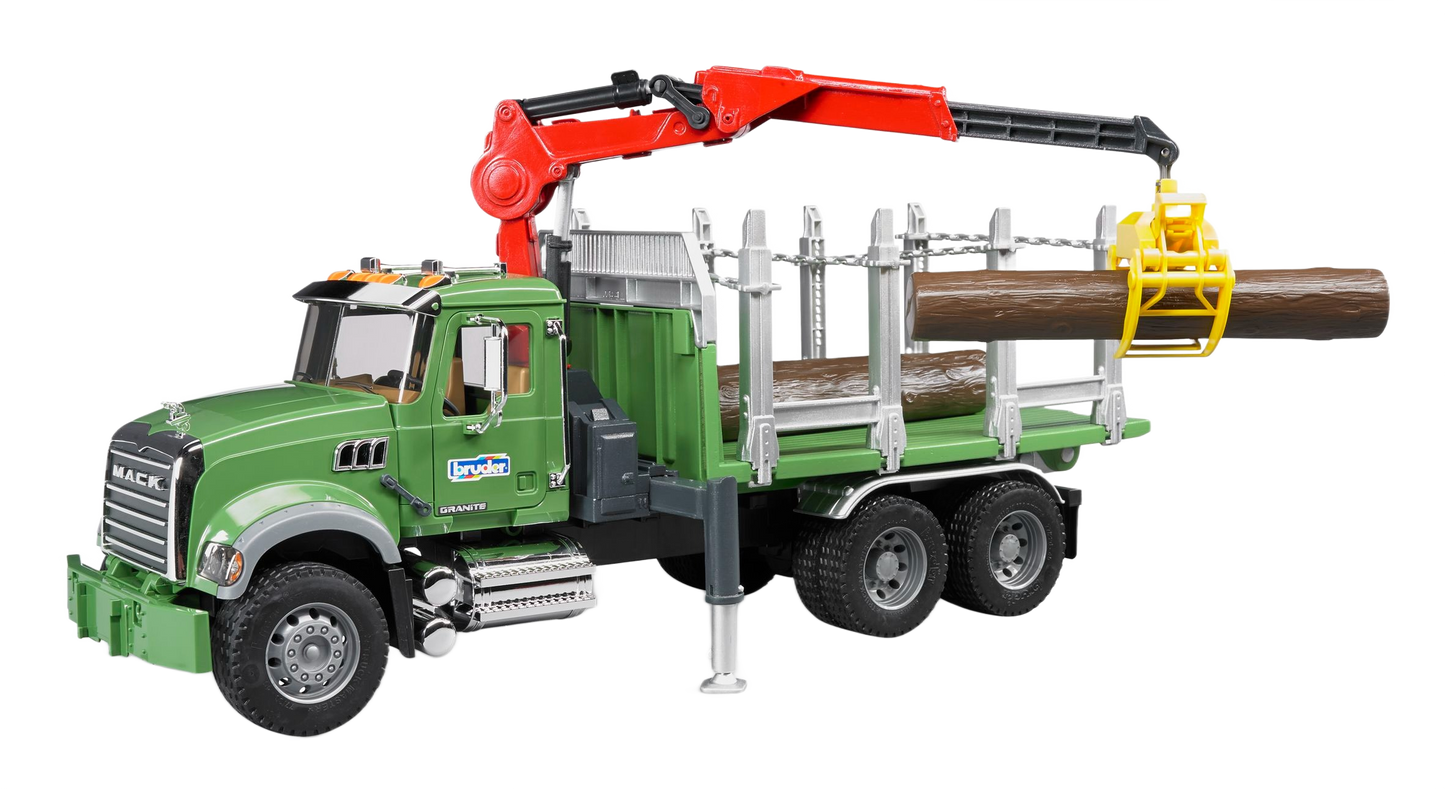 Green Bruder MACK timber truck toy with red crane lifting log in Vehicles & Remote Controlled Toys collection