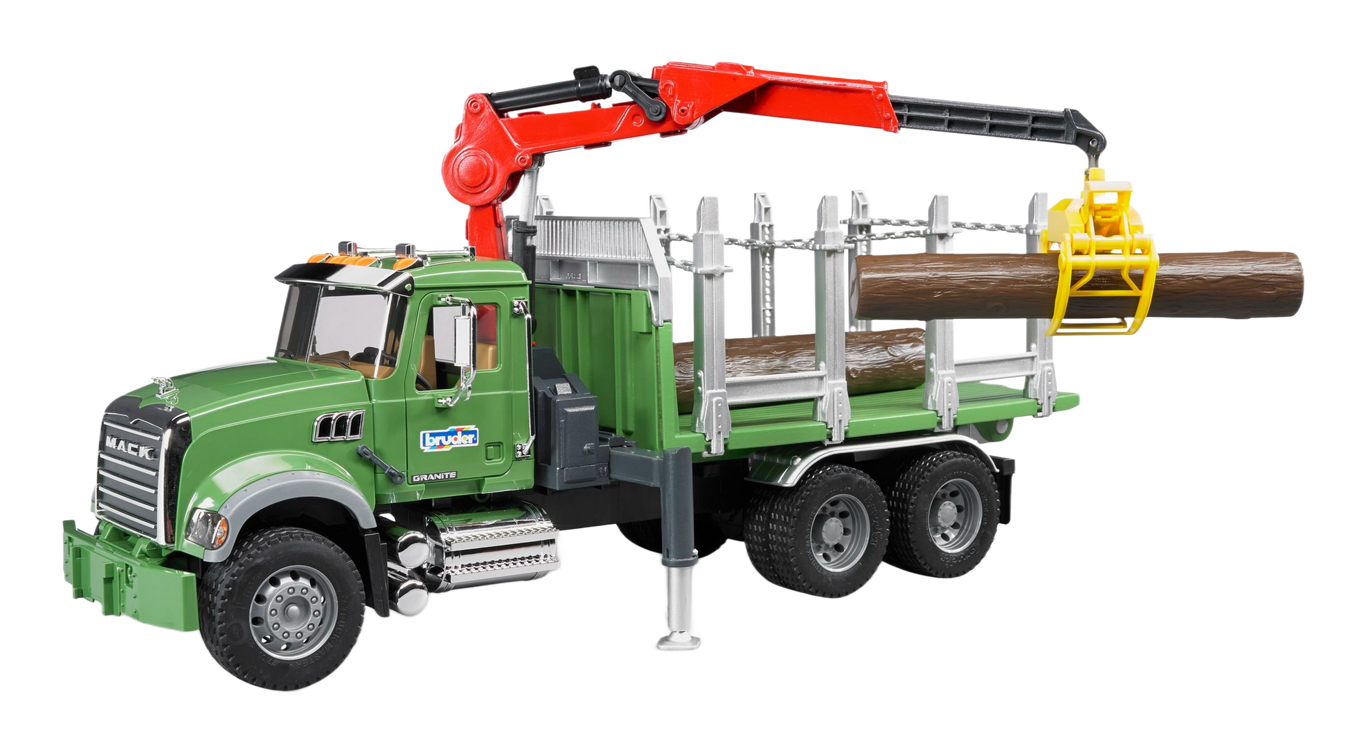 Green Bruder MACK timber truck toy with red crane lifting log in Vehicles & Remote Controlled Toys collection