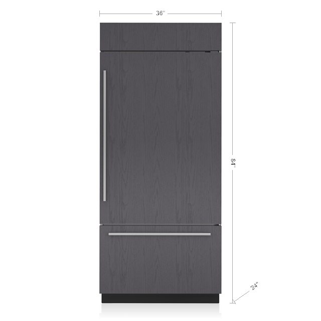 36-inch built-in over/under refrigerator and freezer with dark wood finish for kitchen and appliance collections