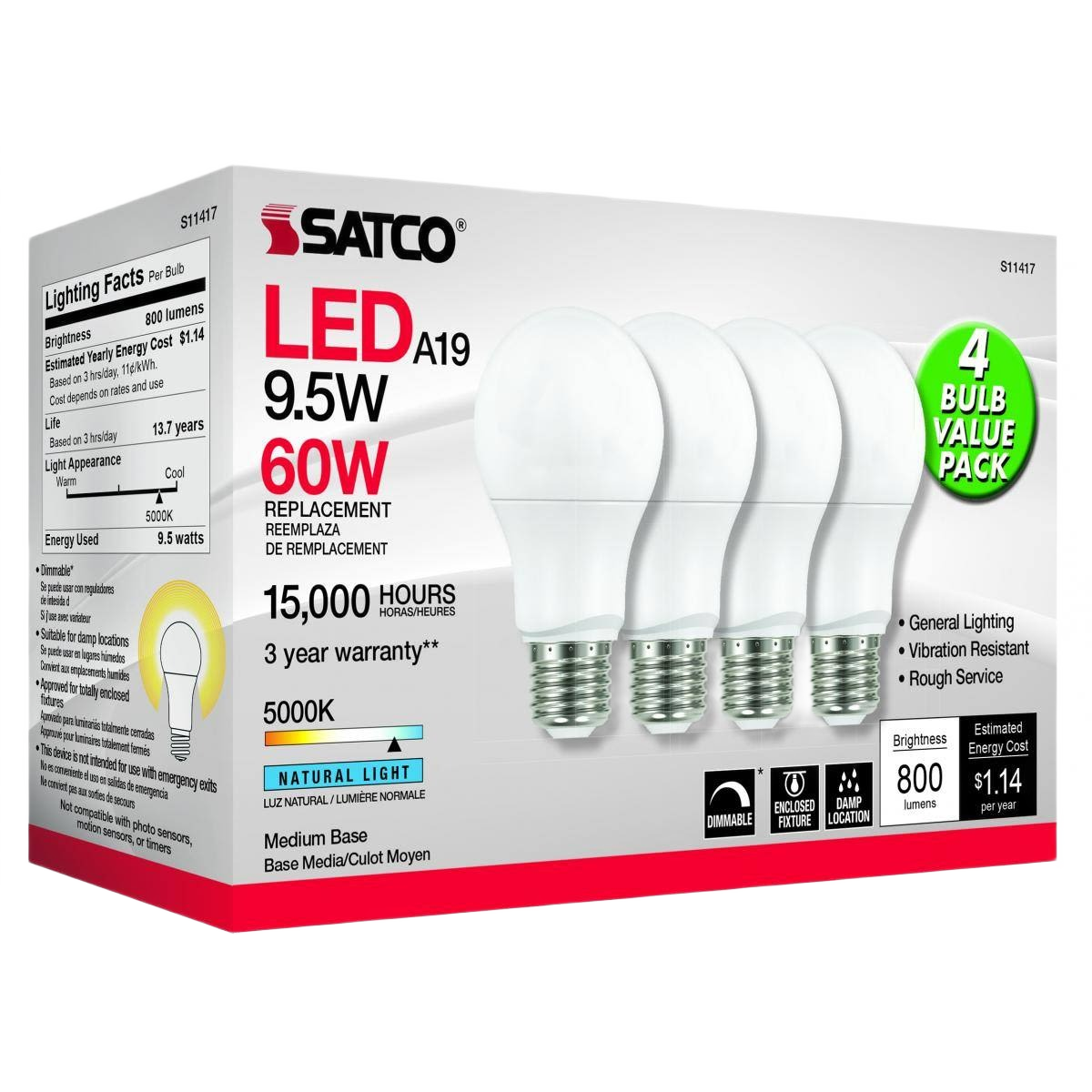 Pack of four 9.5 watt A19 LED light bulbs with medium base providing natural 5000K lighting for home improvement use