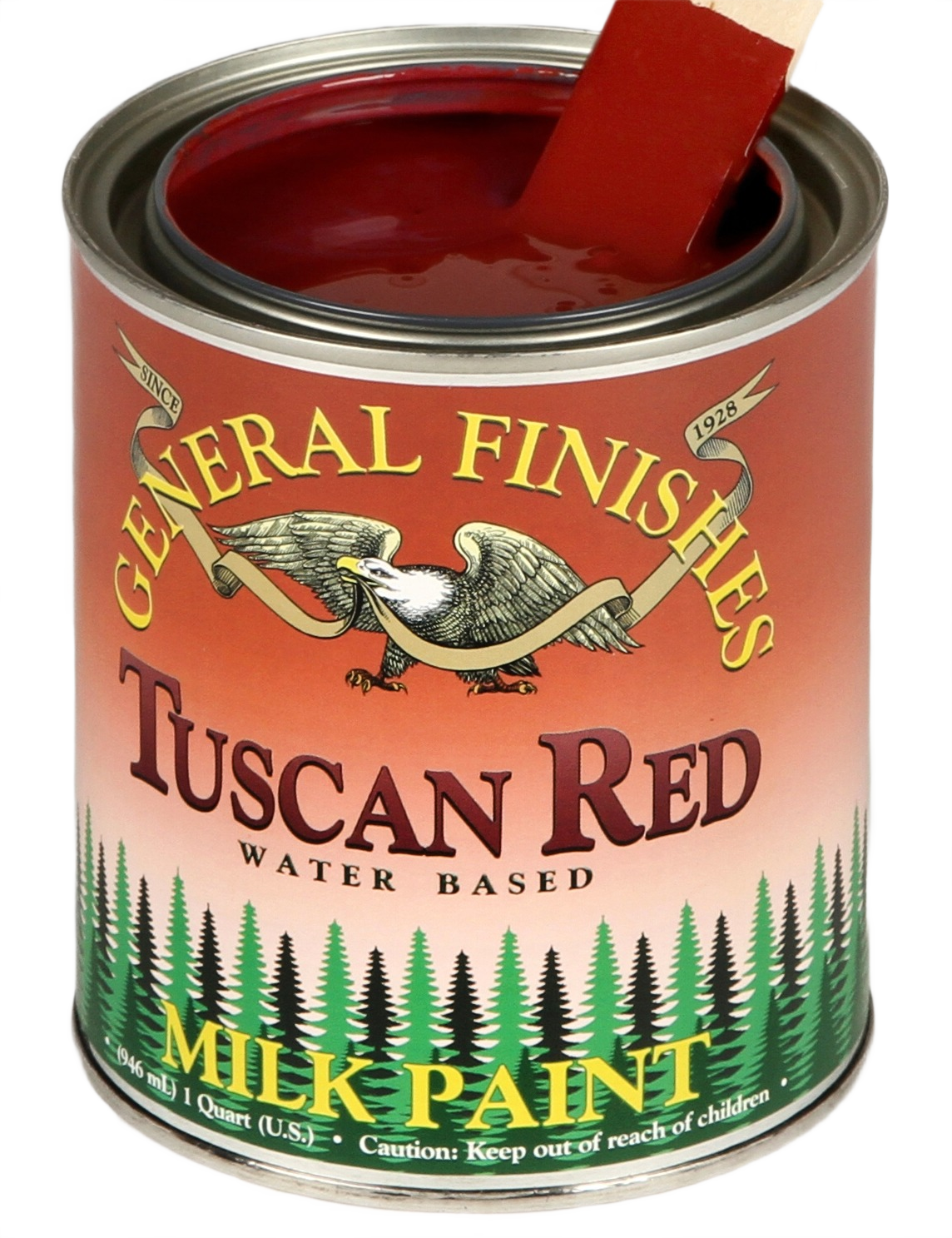 Open can of water-based Tuscan red milk paint with wooden stir stick for specialty paint and home improvement supplies under 50 dollars