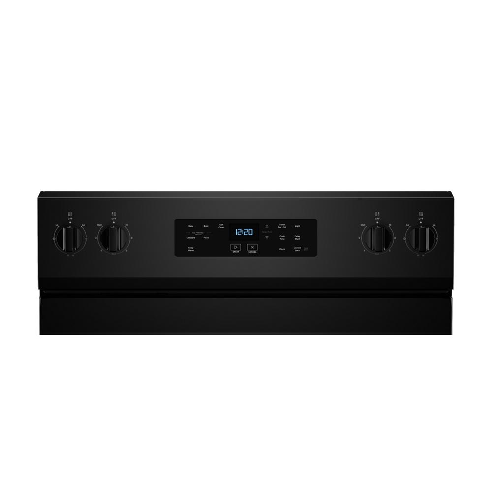 Control panel of black 30-inch electric range featuring digital clock, touch controls, and rotary knobs for cooking settings