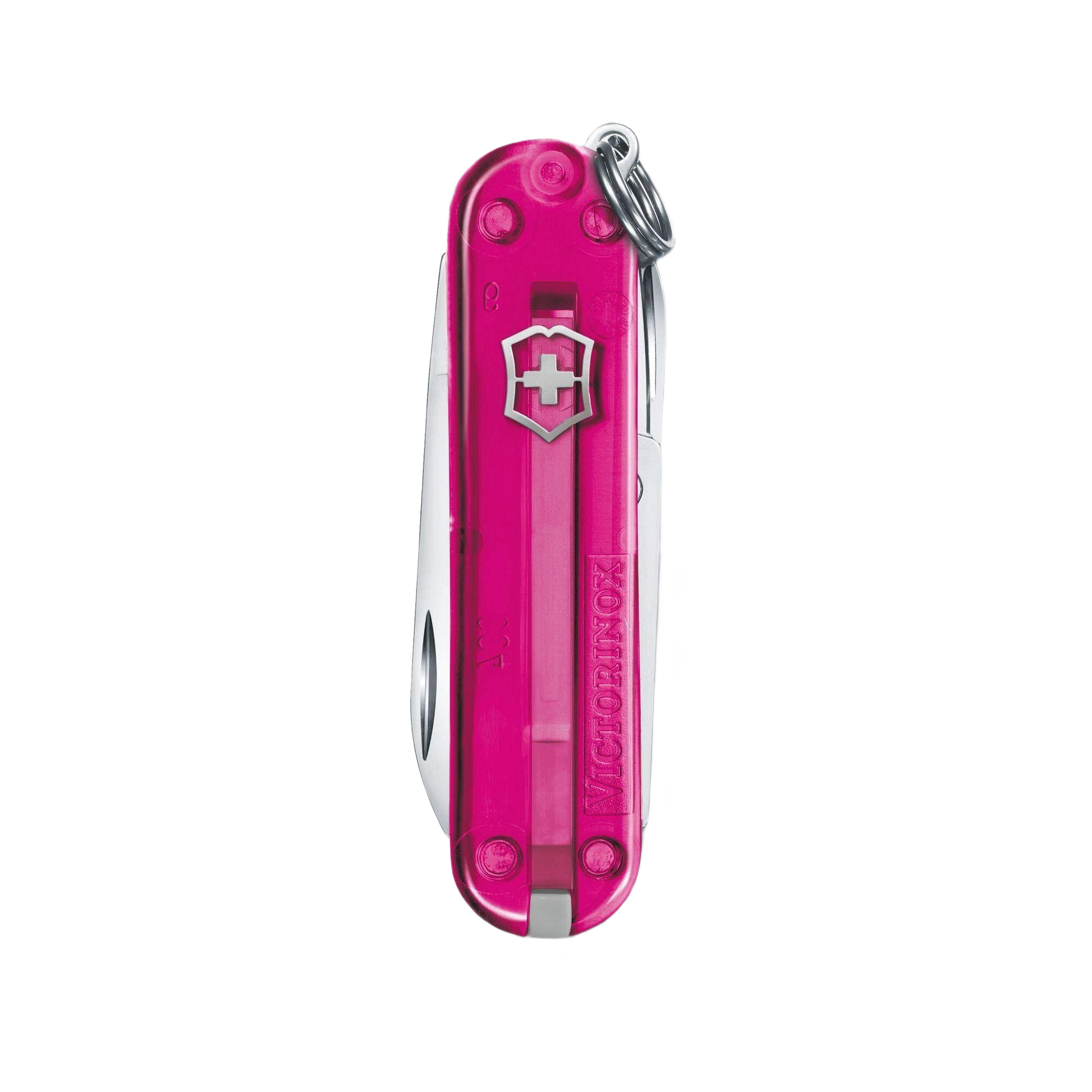 Transparent pink compact Swiss Army multi-tool pocket knife with key ring for cutting and woodworking tasks under $50 collection