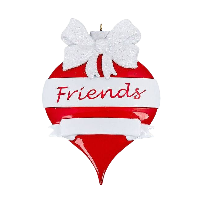 Red teardrop ornament with white bow and Friends banner, festive Christmas tree decoration under fifty dollars collection