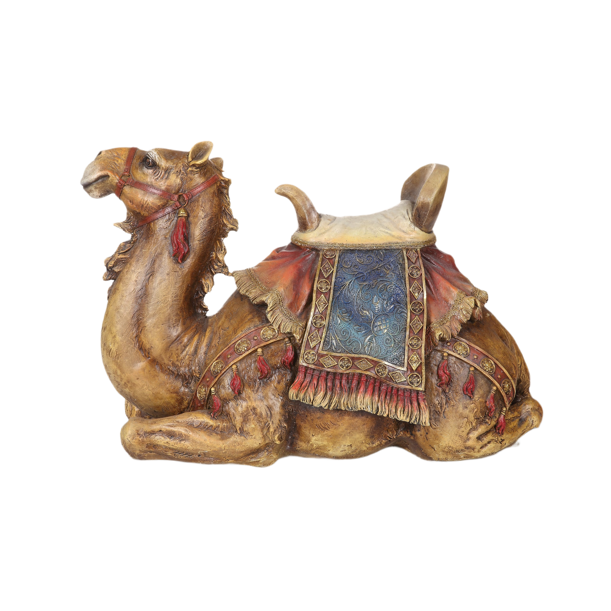 Decorative 27-inch nativity scene camel figurine with detailed saddle and festive accents for Christmas display