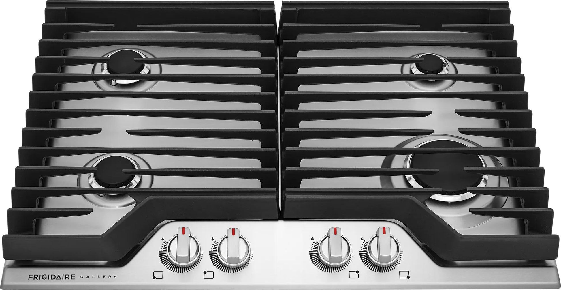Stainless steel 30-inch gas cooktop with four burners and black cast iron grates from Cooktops collection