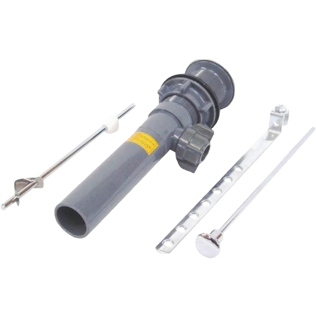 Gray plumbing pop-up drain assembly with metal rods and adjustment components for home improvement use