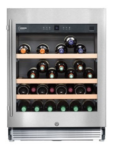 stainless steel 24" under-worktop wine storage cabinet with wooden shelves and digital temperature control in appliances collection