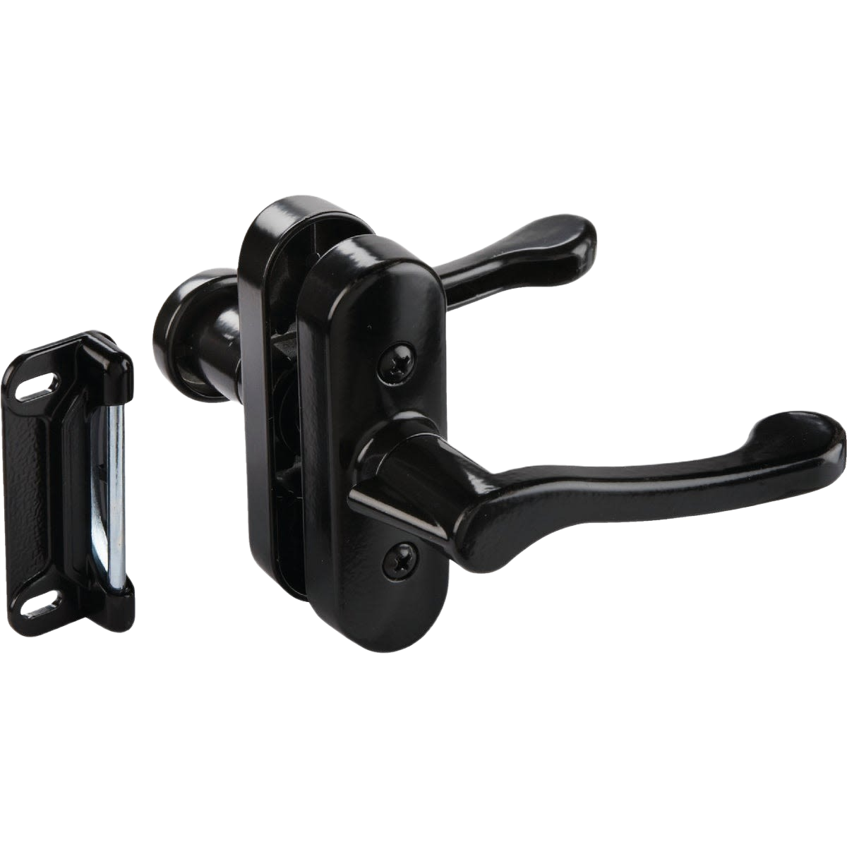 Black lever latch with mounting hardware for screen and storm doors in door accessories and hardware collections