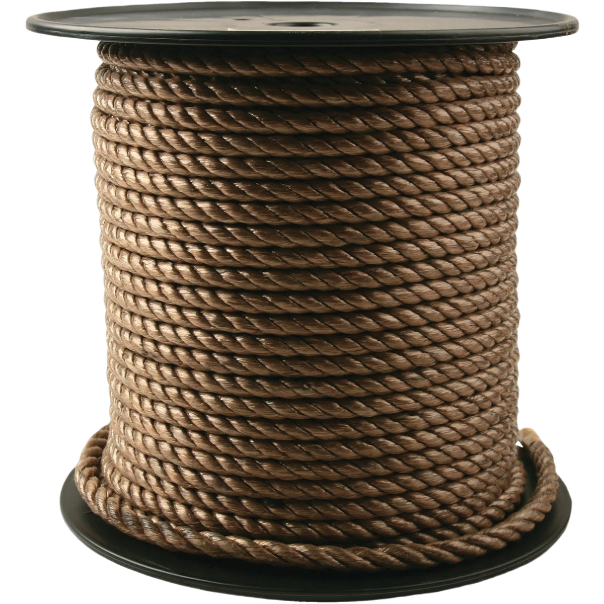 Large spool of twisted brown polypropylene rope suitable for durable use in home improvement and outdoor projects