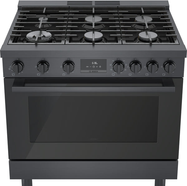 Black stainless steel dual fuel range with six burners, metal control knobs, and digital display in kitchenware collection