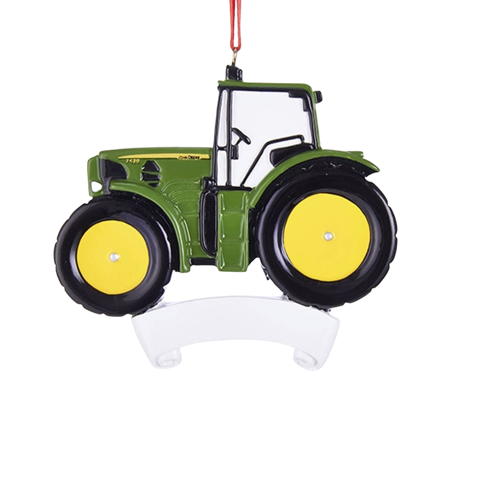 Green and yellow tractor Christmas ornament with personalized white nameplate and red hanging string from holiday decorations collection