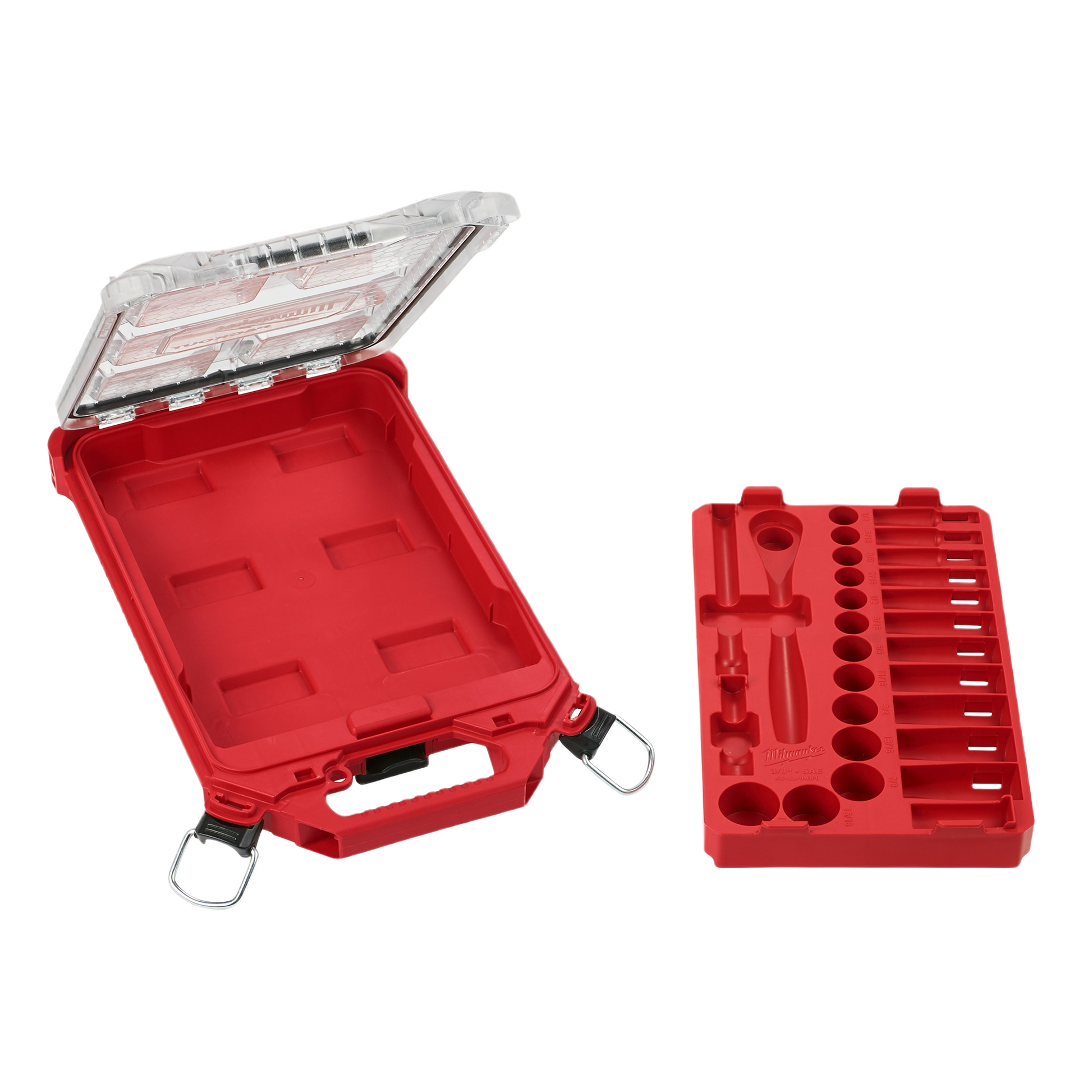Red PACKOUT case with clear hinged lid and removable red insert designed to hold ratchets and sockets for home improvement tools.