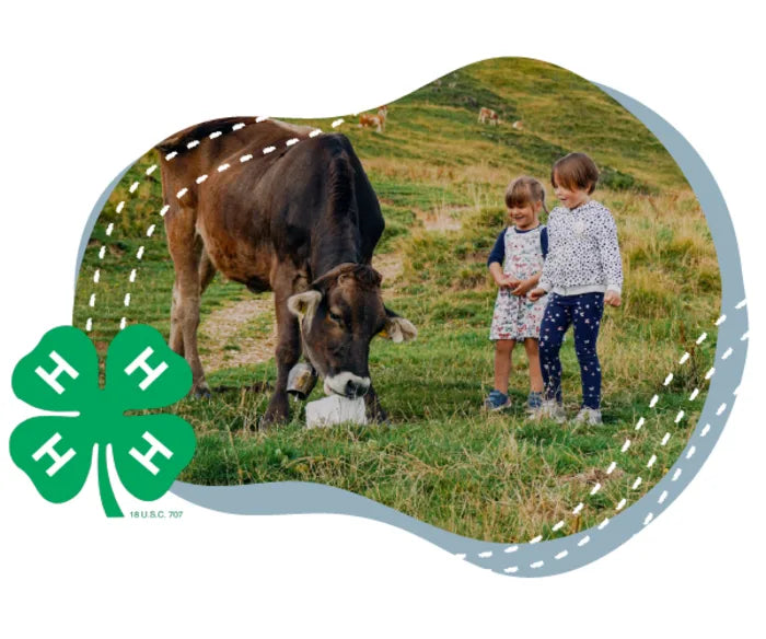 Two young children stand in a grassy field watching a brown and white cow grazing nearby with rolling green hills in the background, surrounded by a stylized blue shape and a green four-leaf clover symbol with white H’s on each leaf.