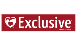 White stylized heart and paw print icon followed by the word Exclusive in bold white text on a solid red background with small copyright and pet food text.