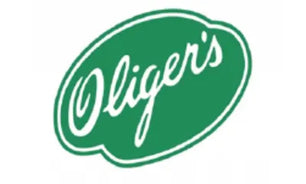Green oval logo with white cursive text spelling Oliger's on a plain white background.