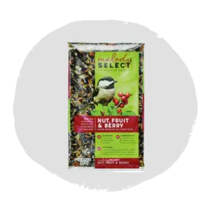 Clear plastic bag filled with mixed bird seed, nuts, and dried berries, featuring a label showing a chickadee bird and the text 