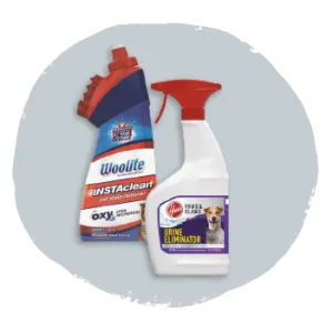 Two cleaning bottles side by side, one with a red and blue label and the other a white spray bottle featuring a dog image and pet stain remover text.